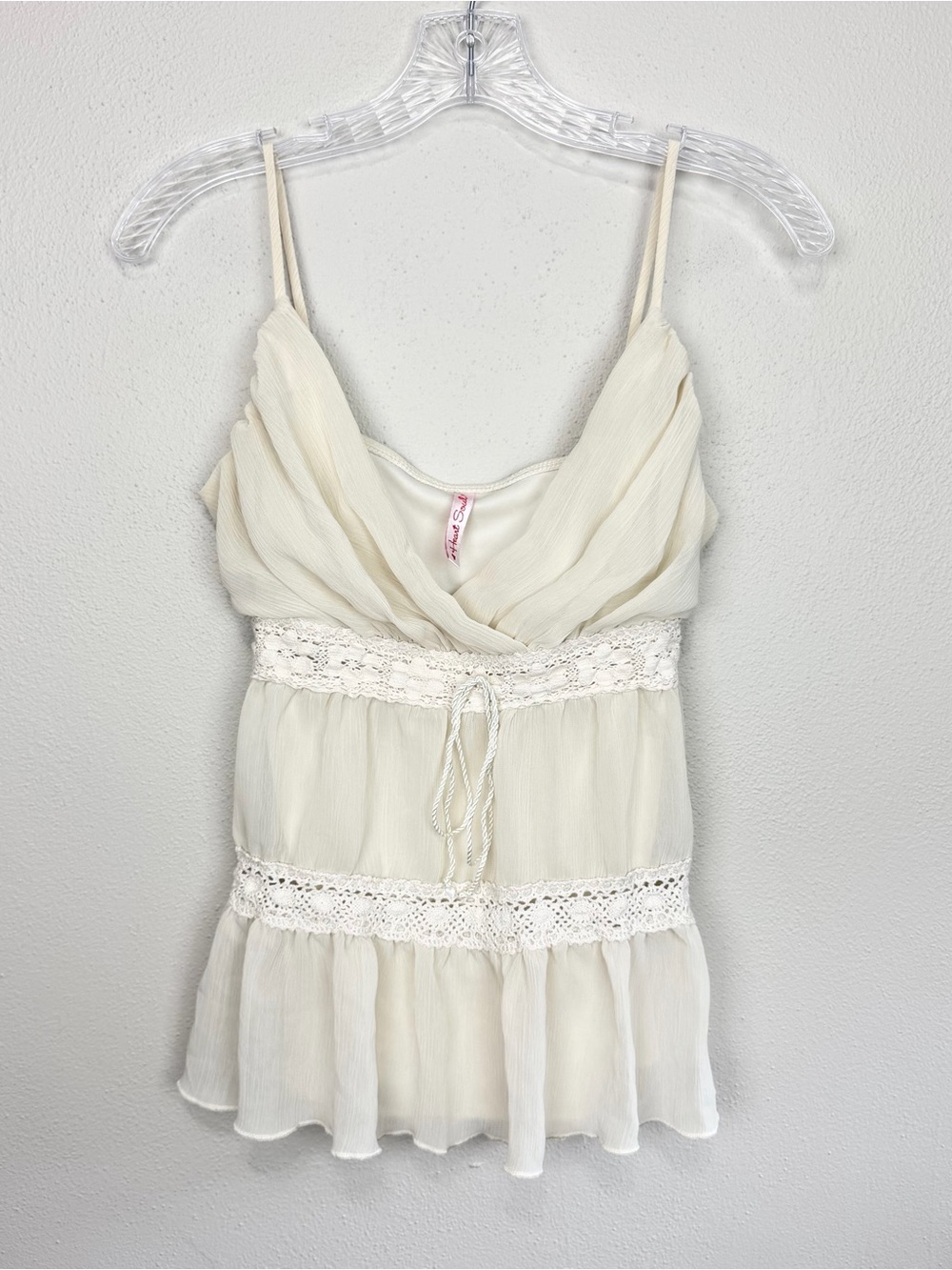 Y2K Fairycore Heart Soul Babydoll Top Tank Top Beige Lace Tiered Ruffle Medium